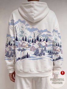 SHEIN EZwear 女款休閒寬鬆雪景印花連帽拉鍊長袖運動衫，秋冬風格，適合日常通勤、約會、聚會、秋冬、夏季、派對、婚禮、海灘、畢業典禮等場合，優雅休閒，適合出遊，Y2K風格，音樂節 - 彩色 - 查看 2