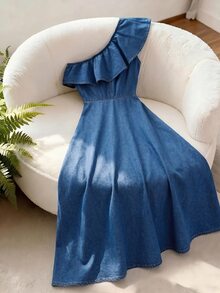 GlowEve CURVE Plus Size Women's One Shoulder Ruffle Sleeveless Fashion Denim Dress - Blue - View 2
