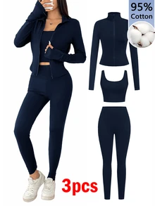 SHEIN EZwear 休閒極簡純色海軍藍針織女款運動套裝，適合秋冬底層穿搭、瑜伽、跑步與運動 - 藏蓝色 - 查看 1