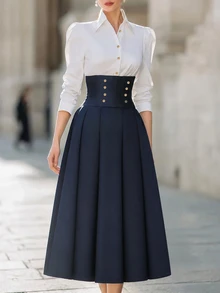 SHEIN Women's Fall Winter Color Block Midi Dress Collared Puff Long Sleeve Corset Gold Button Pleated A Line Elegant Office Dress - Navy Blue - View 1