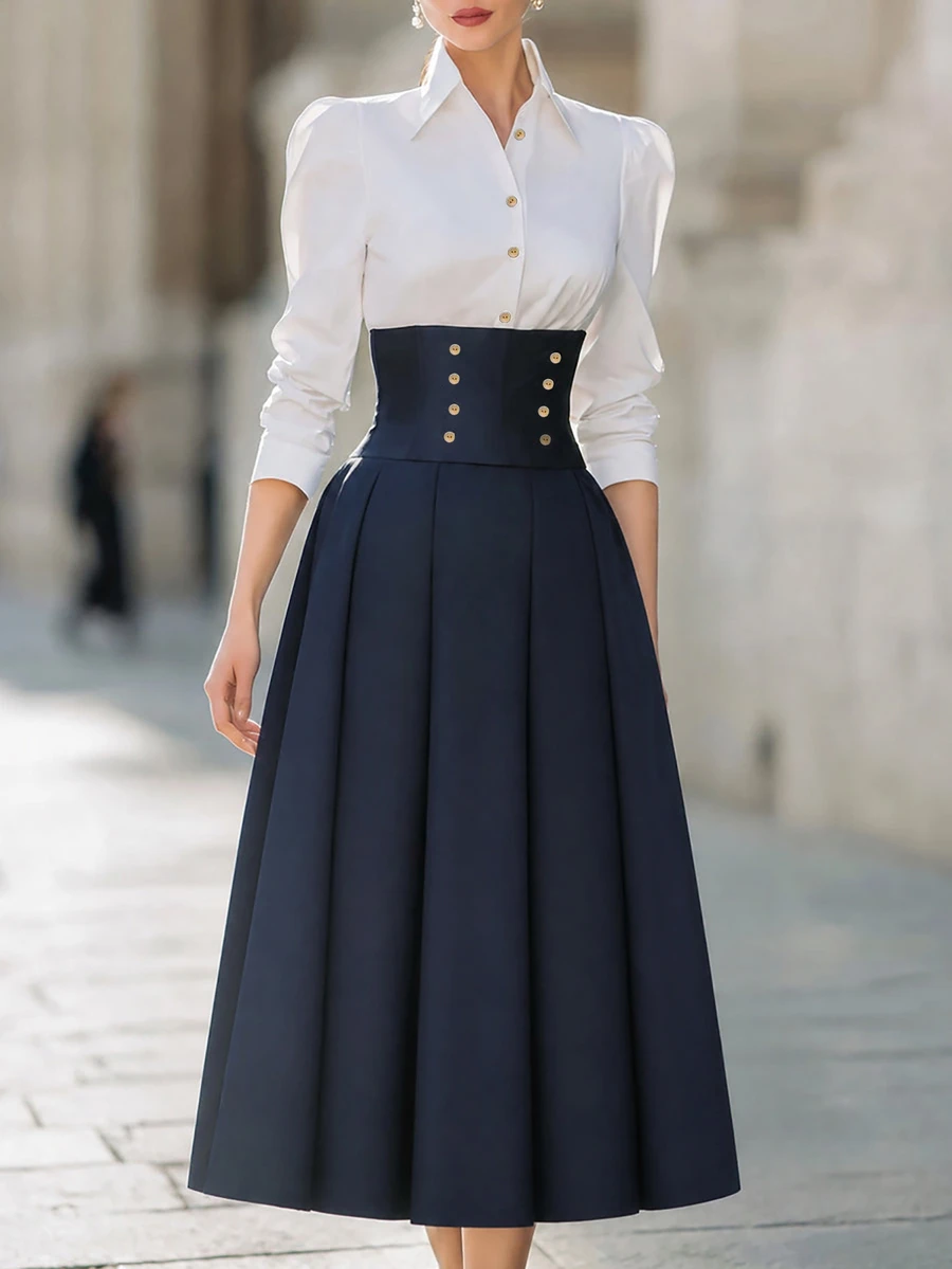 SHEIN Women's Fall Winter Color Block Midi Dress Collared Puff Long Sleeve Corset Gold Button Pleated A Line Elegant Office Dress - Navy Blue - View 1