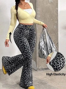 Muchica Plus Size Leopard Print Flared Jeans, Autumn/Winter - Dark Grey - View 6