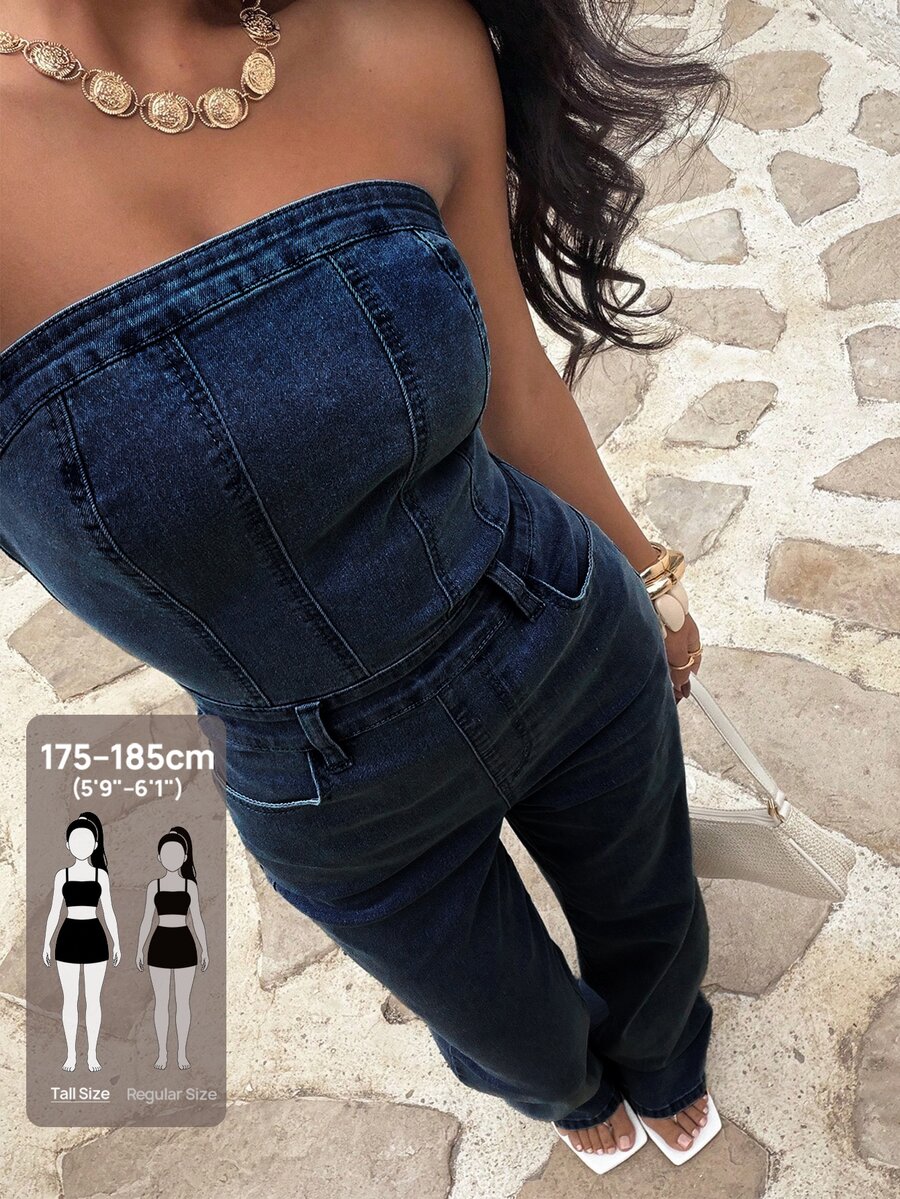 SHEIN Tall Women's Casual Daily Denim Tube Jumpsuit - Dark Wash - View 1