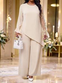Fleurora Plus Size Women's Patchwork Embroidered Mesh Bell Sleeve Asymmetrical Hem Top And Wide Leg Pants Elegant 2 Pieces Set - Khaki - View 1