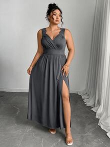 Elenzga Plus Size V-Neck Contrast Lace Strap Flared Slimming Ribbed Long Dress With Side Slit - Dark Grey - View 1