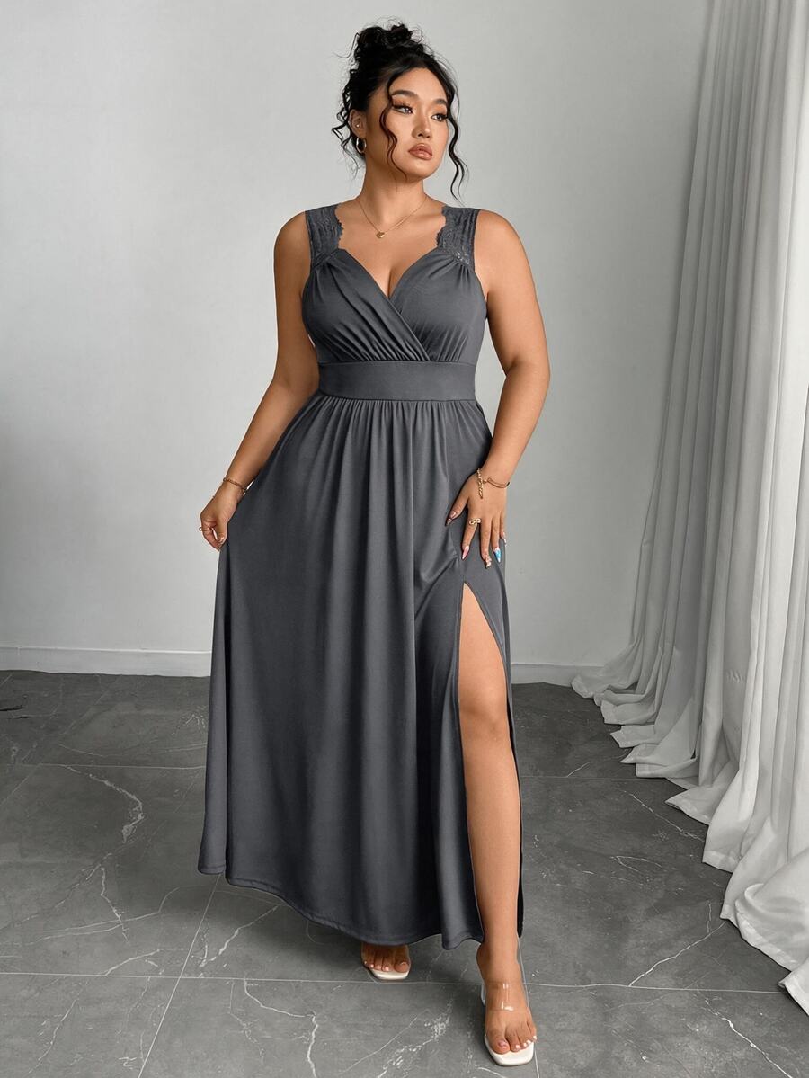 Elenzga Plus Size V-Neck Contrast Lace Strap Flared Slimming Ribbed Long Dress With Side Slit - Dark Grey - View 1