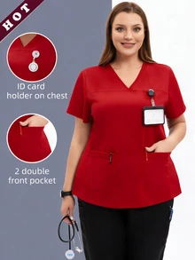 TaskEZ Plus Size Women's Nurse Scrub Uniform Top Black Renaissance Work Clothes Multi Pocket Short Sleeve V Neck Micro Stretch Jogging Wear Beautician Top - Red - View 1