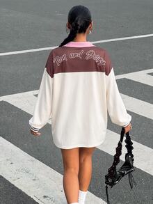 TOM & JERRY X SHEIN SHEIN EZwear 大尺碼女款字母卡通印花長袖休閒T恤，適合外出、街頭穿搭、機場造型 - 彩色 - 查看 2