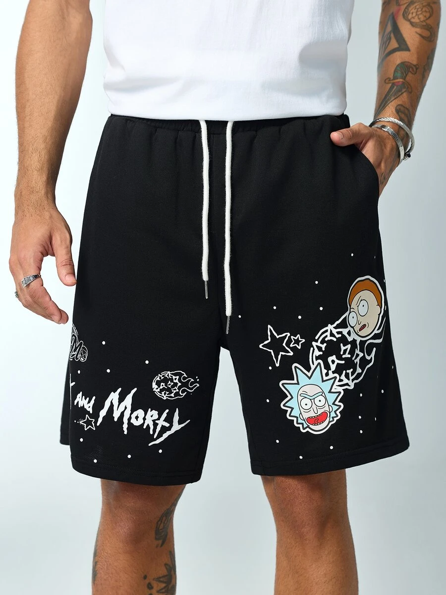 Rick and Morty X SHEIN Men's Drawstring Waist Pocket Casual Shorts - Black - View 1