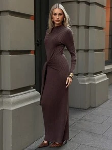 Aloruh Women's Solid Color Round Neck Long Sleeve Waist Knot Slim Fit Elegant Knit Dress - Brown - View 6