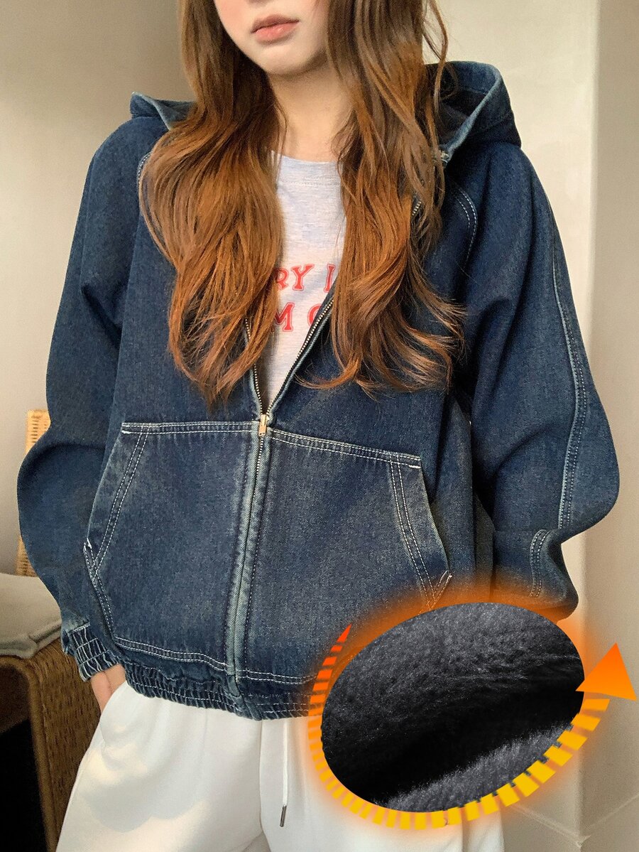 DAZY Women's Thermal Lined Hooded Loose Denim Jacket And Coat - Dark Wash - View 1