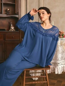 Côtesoire Plus Size Women's French Elegant Lace Patchwork Long Sleeve Pants Pajama Set - Teal Blue - View 6