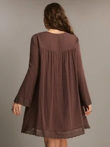 Freevana Plus Size Women Solid Color Ruched Square Neck Casual Daily Summer Long Sleeve Dress - Coffee Brown - View 2