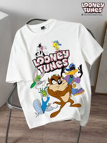 LOONEY TUNES X SHEIN Daypath 男士字母卡通印花圓領短袖休閒T恤 - 白色 - 查看 1
