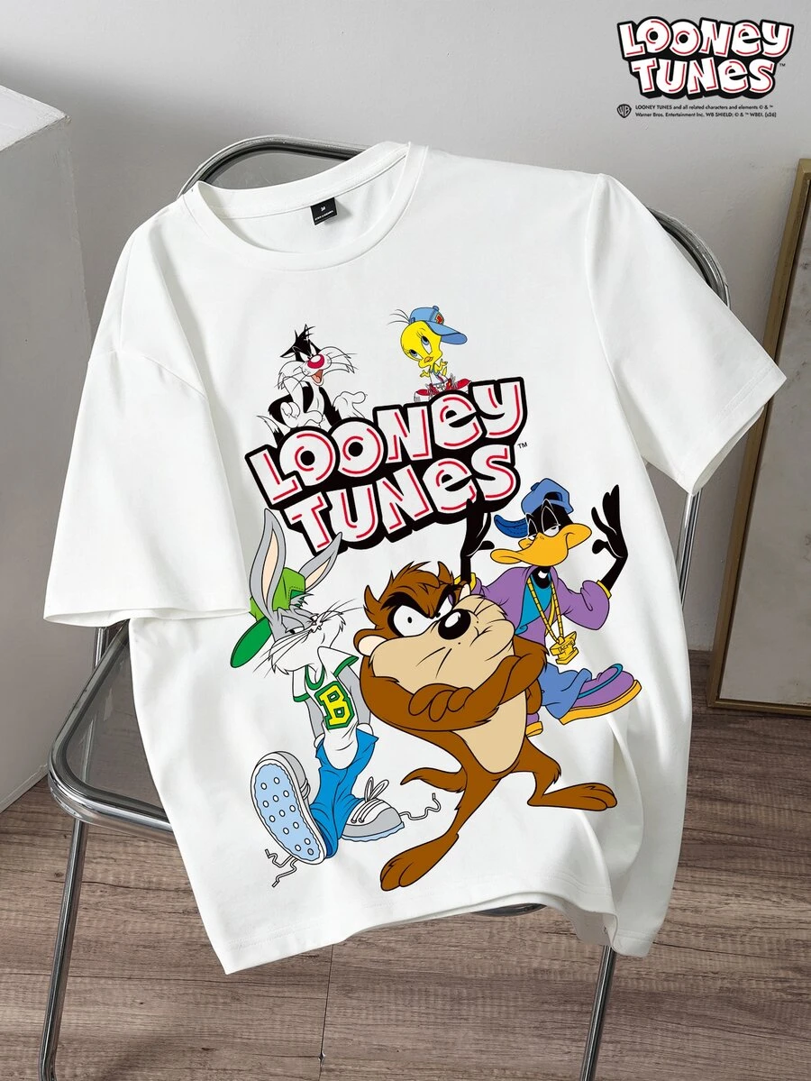 LOONEY TUNES X SHEIN Daypath 男士字母卡通印花圓領短袖休閒T恤 - 白色 - 查看 1