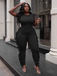 Slaydiva Plus Size Textured Zip Front Jumpsuit, Slim Fit Long Pants With Ruffle Back Detail, Curvy Night Out Outfit - Black - View 9