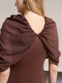 MOTF PREMIUM WOMEN'S SOLID COLOR PLEATED CASUAL VERSATILE DAILY WEAR T-SHIRT - Mocha Brown - View 2