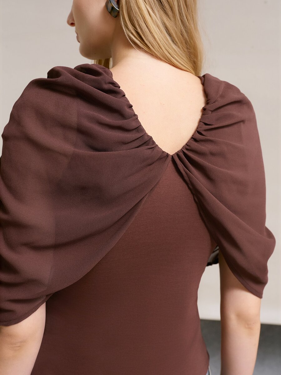 MOTF PREMIUM WOMEN'S SOLID COLOR PLEATED CASUAL VERSATILE DAILY WEAR T-SHIRT - Mocha Brown - View 2