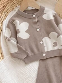 SHEIN Baby Girl Floral Pattern Long Sleeve Top And Pants Knit Set - Khaki - View 4