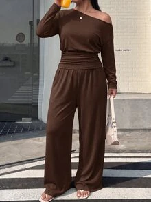 Muchica 大尺碼女款純色不對稱肩長袖上衣與長褲休閒日常兩件套 秋季 - 巧克力棕 - 查看 3
