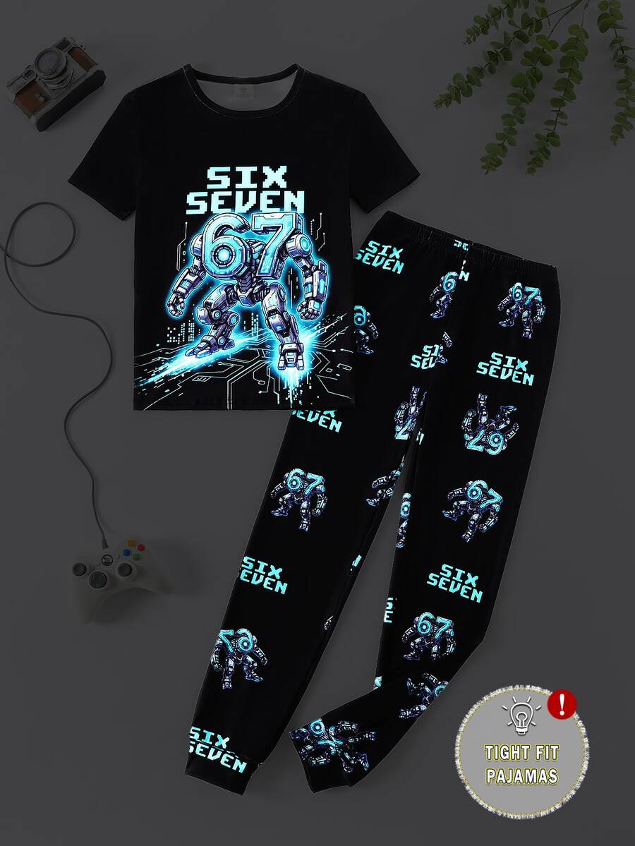 Boys Long Sleeve Long Pants Set, Slim Fit Cyber Robot Print Glow-In-The-Dark Pajamas Loungewear - Black - View 1