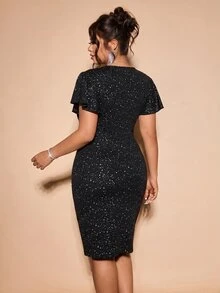 Cravure Plus Size Women's Fitted Ruched Bodycon Dress With Ruffle Short Sleeves And Glitter Christmas - Black - View 2