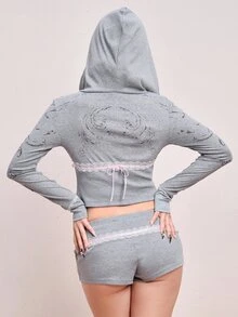 ROMWE Y2K Setelan 2 Potong Kardigan Berkerudung dan Celana Pendek Musim Gugur/Dingin untuk Wanita - Light Grey - View 3