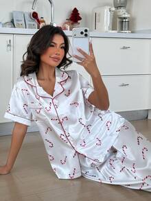 ZzzCrew Christmas Candy Cane Print Faux Silk Pajama Set, Exquisite Lapel Home Leisure 2 Pieces Set - Red and White - View 7