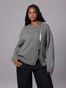 Rustia Plus Size Women's Button Up Stand Collar Long Sleeve Cardigan Sweater Jacket, Autumn/Winter Back To School - Grey - View 4