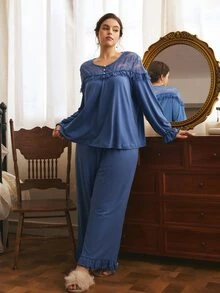 Côtesoire Plus Size Women's French Elegant Lace Patchwork Long Sleeve Pants Pajama Set - Teal Blue - View 3