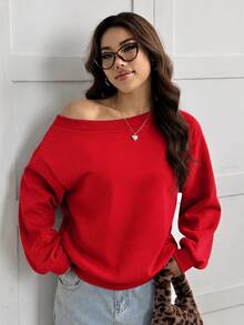 SHEIN EZwear 女款寬鬆不對稱肩領保暖內裡紅色運動衫，秋冬款 - 紅色 - 查看 5