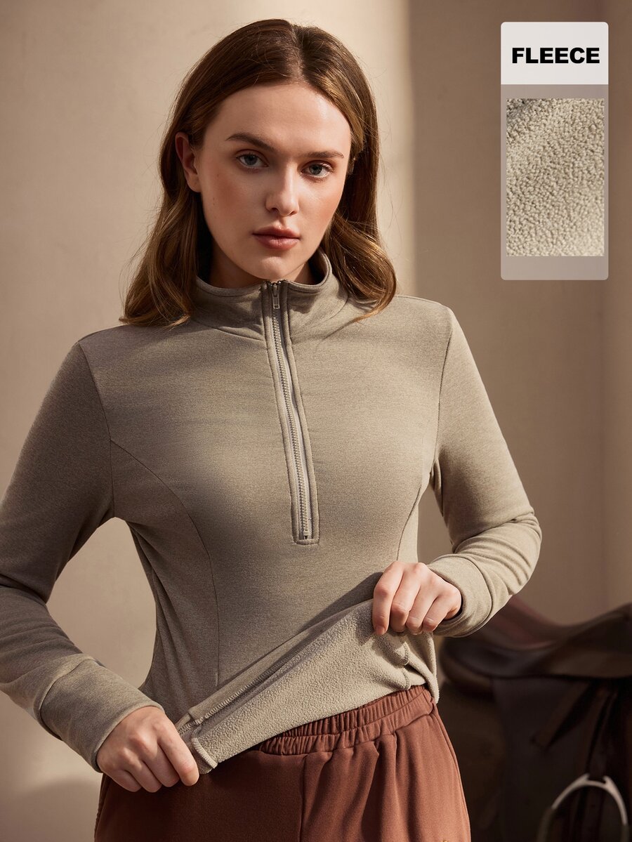 Nima Coro Atasan Olahraga Wanita Modis Model Slim Fit dengan Resleting Setengah, Musim Gugur/Dingin - Mocha Brown - View 1