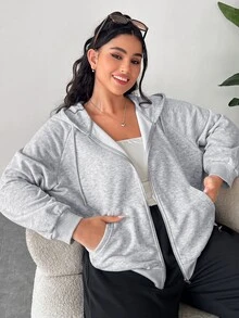SHEIN EZwear 大尺碼休閒淺灰色連帽衛衣，秋冬款 - 淺灰色 - 查看 4