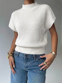 Aloruh 女款休閒通勤簡約純色漏斗領蝙蝠袖寬下擺針織上衣 - 白色 - 查看 5