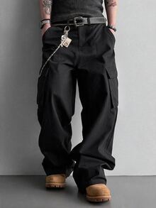SLATEMANN Men's Black Long Pants, Multi-Pocket Cargo Pants, Loose Casual Fashion Versatile Cargo Long Pants - Black - View 3