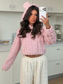 ZzzCrew Cute Ear Hooded Bow Embroidery Casual Comfortable Jacquard Plush Pajama Set 2 Pieces - Apricot - View 3