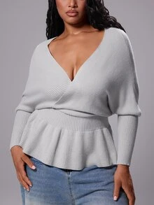 Rustia Plus Size Ribbed Waist Fashion Pullover Sweater - Light Grey - View 4