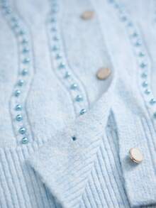 SHEIN Cardigan Rajut Mutiara Imitasi Elegan untuk Wanita - Baby Blue - View 6