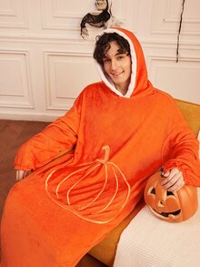 Provexi Provexi 男士萬聖節連帽法蘭絨長款睡袍，南瓜刺繡，寬鬆長袖居家浴袍，秋冬睡衣 - 橘色 - 查看 1