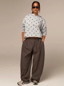 Athîral Women's Casual Loose Polka Dot Hooded Sweatshirt - Grey - View 2