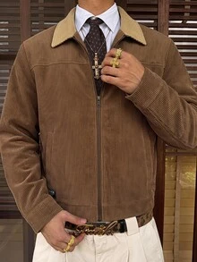 SWAVVY Jaket Kasual Serbaguna Lengan Panjang Pria dengan Resleting - Coklat - View 2