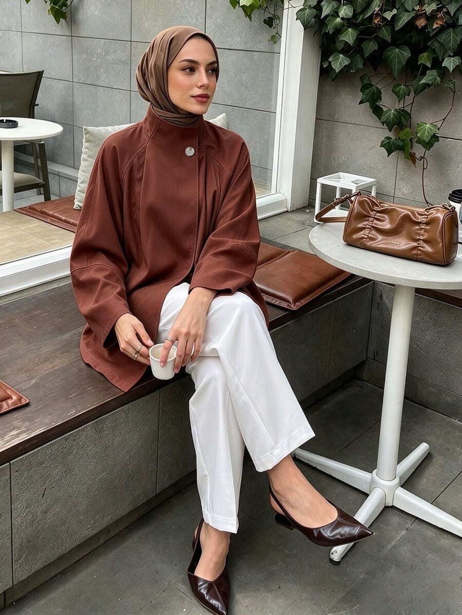 Selianne 女款時尚優雅不對稱大翻領輪廓中長款風衣,插肩袖寬鬆修身休閒夾克 - 咖啡棕 - 查看 1