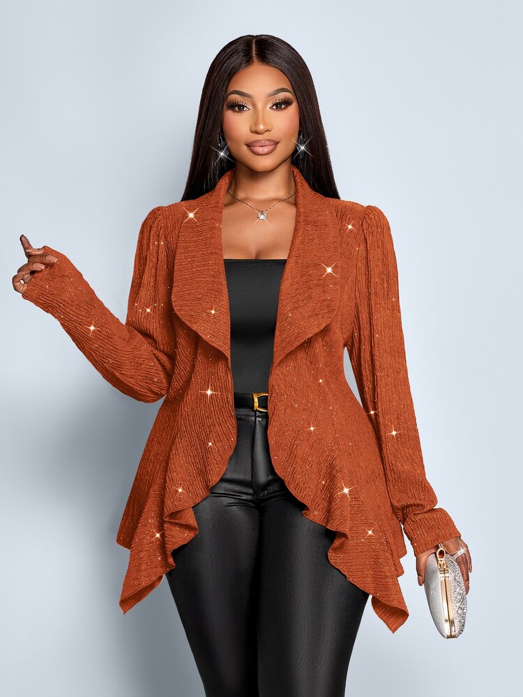 SOLERSUN Plus Size Black Fall Curve Elegant Casual Formal Cocktail Evening Women's Jacket,Flash Texture Fabric Large Lapel Ruffle Asymmetrical Hem Long Sleeve - Rust Brown - View 4