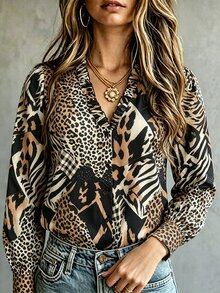Linhara Plus Size Women's Autumn/Winter Asymmetrical Leopard Print Ruffle V-Neck Casual Long Sleeve Blouse - Khaki - View 4