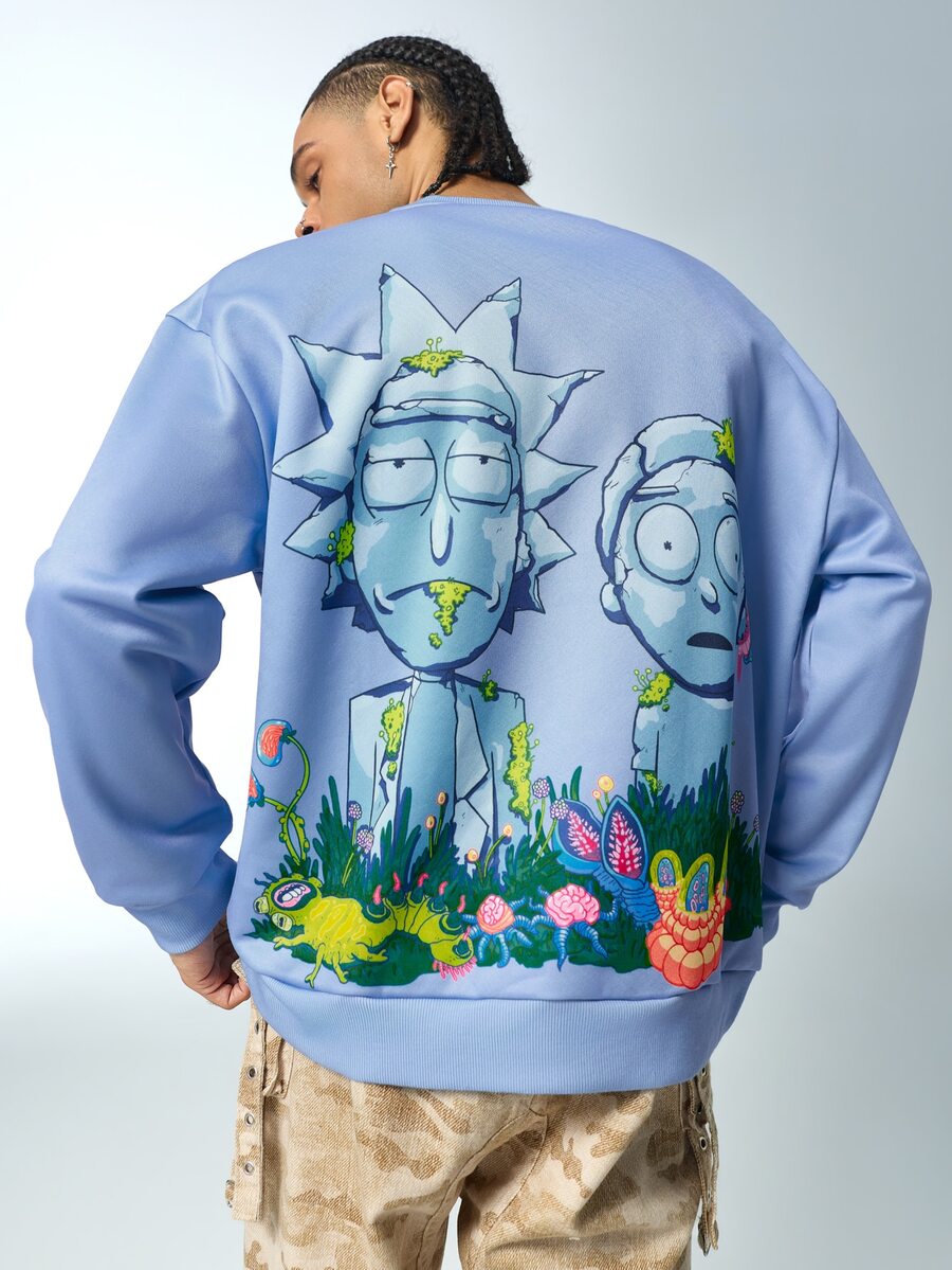 Rick and Morty X SHEIN Men's Cartoon Print Long Sleeve Casual Pullover Sweatshirt - Blue - View 1