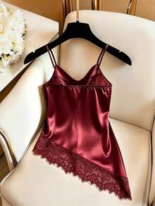 SHEIN Women's Elegant Lace Casual Satin Black Camisole Top, Black Elegant Cami Top, Commuter, Social - Burgundy - View 2