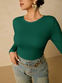 Freevana Plus Size Women's Black Long Sleeve Crew Neck Thermal Base Layer, Ruched Waist T-Shirt - Green - View 6