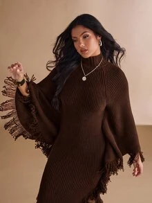 Silquee 女款純色高領流蘇袖口修身優雅高質感針織洋裝，秋季毛衣穿搭流蘇黑色，秋季夜晚 - 巧克力棕 - 查看 7