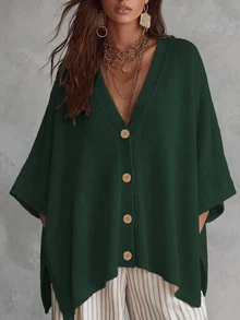 Linhara CURVE Plus Size Women Solid Color Knit Shawl Cardigan V-Neck Metal Button Suitable For Daily Casual Office Vacation Plus Size Women Cardigan - Green - View 4