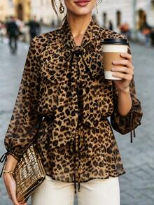 Velvienne Plus Size Women's Leopard Print Casual Versatile Daily Wear Shirt Fall - Coffee Brown - View 4